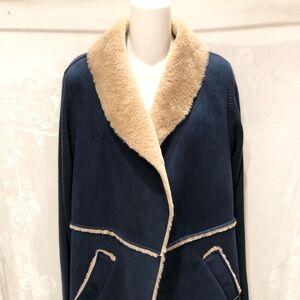 LOVE TOKEN Navy Faux Suede & Tan Faux Fur Cardigan S 6 $159
